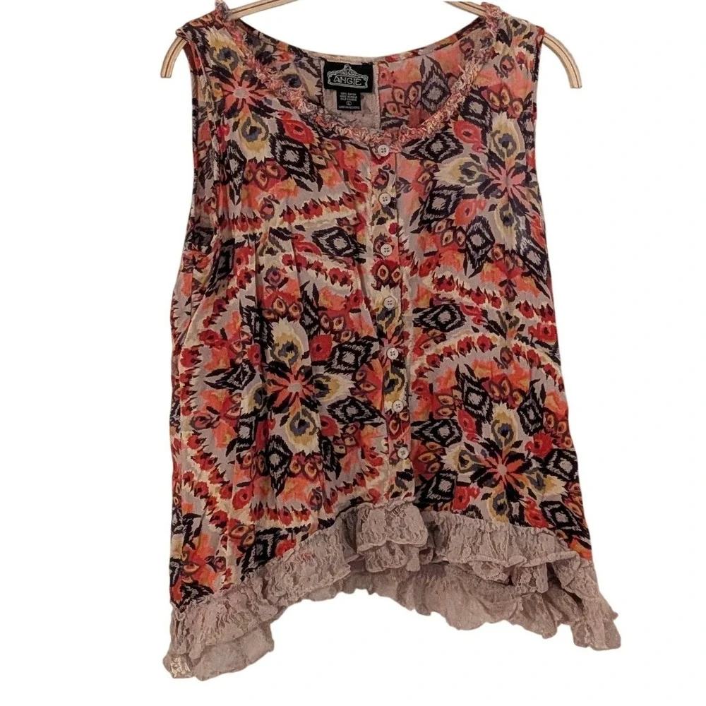 Angie Womens Boho Ikat Floral Button Front Lace Trim Sleeveless‎ Rayon Top Large